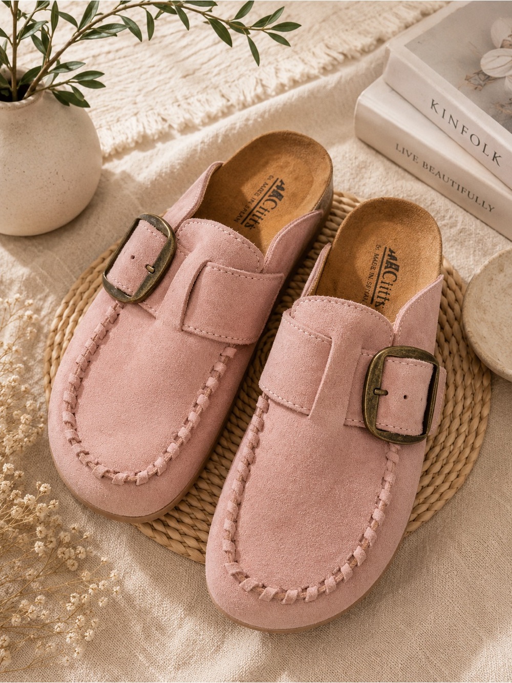 Cliffs by WHITE MOUNTAIN Pink Suede Buckle Clog Mules